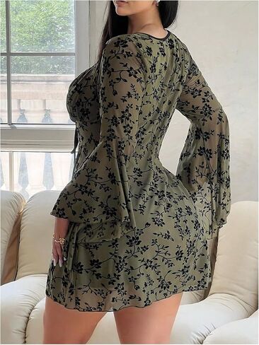 Floerns Women's Plus Size Floral Gothic Dress Flare Long Sleeve Mesh Grunge A Line Dress in Saudi Arabia