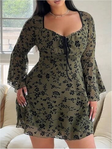 Floerns Women's Plus Size Floral Gothic Dress Flare Long Sleeve Mesh Grunge A Line Dress in Saudi Arabia