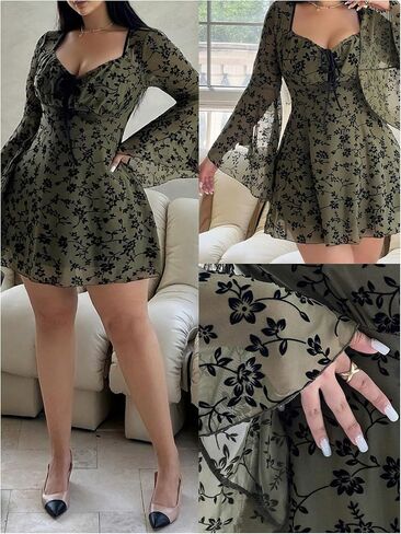 Floerns Women's Plus Size Floral Gothic Dress Flare Long Sleeve Mesh Grunge A Line Dress in Saudi Arabia