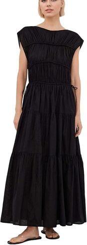 Women Pleated Ruched Tiered Maxi Dress Sleeveless Patchwork Ruffle Hem A Line Flowy Summer Elegant Long Dress in Kuwait