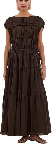 Women Pleated Ruched Tiered Maxi Dress Sleeveless Patchwork Ruffle Hem A Line Flowy Summer Elegant Long Dress in Kuwait