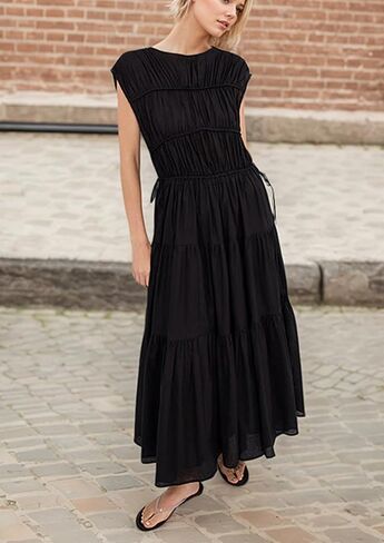 Women Pleated Ruched Tiered Maxi Dress Sleeveless Patchwork Ruffle Hem A Line Flowy Summer Elegant Long Dress in Kuwait