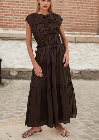 Women Pleated Ruched Tiered Maxi Dress Sleeveless Patchwork Ruffle Hem A Line Flowy Summer Elegant Long Dress in Kuwait