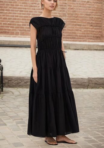 Women Pleated Ruched Tiered Maxi Dress Sleeveless Patchwork Ruffle Hem A Line Flowy Summer Elegant Long Dress in Kuwait