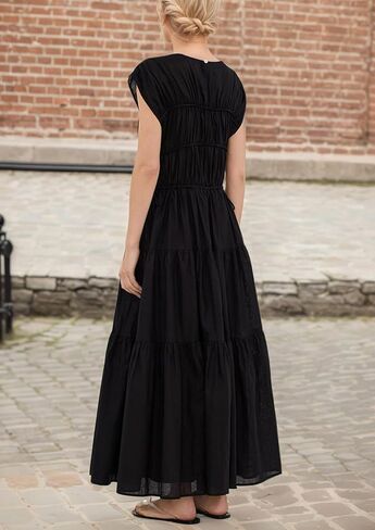 Women Pleated Ruched Tiered Maxi Dress Sleeveless Patchwork Ruffle Hem A Line Flowy Summer Elegant Long Dress in Kuwait