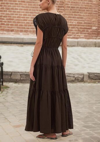 Women Pleated Ruched Tiered Maxi Dress Sleeveless Patchwork Ruffle Hem A Line Flowy Summer Elegant Long Dress in Kuwait