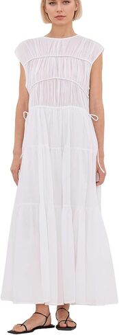 Women Pleated Ruched Tiered Maxi Dress Sleeveless Patchwork Ruffle Hem A Line Flowy Summer Elegant Long Dress in Kuwait