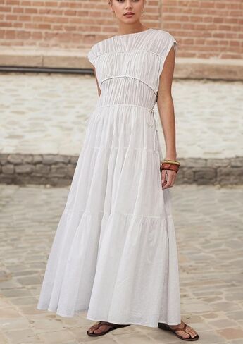 Women Pleated Ruched Tiered Maxi Dress Sleeveless Patchwork Ruffle Hem A Line Flowy Summer Elegant Long Dress in Kuwait