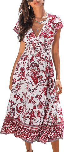 CUPSHE Women's Summer Dress Casual V Neck Floral Smocked Cap Sleeve Ruffled Vacation Midi Dress in Saudi Arabia