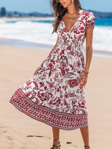 CUPSHE Women's Summer Dress Casual V Neck Floral Smocked Cap Sleeve Ruffled Vacation Midi Dress in Saudi Arabia