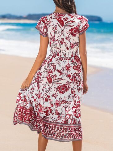 CUPSHE Women's Summer Dress Casual V Neck Floral Smocked Cap Sleeve Ruffled Vacation Midi Dress in Saudi Arabia
