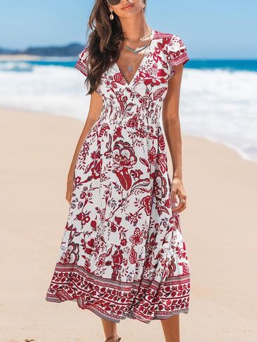 CUPSHE Women's Summer Dress Casual V Neck Floral Smocked Cap Sleeve Ruffled Vacation Midi Dress in Saudi Arabia