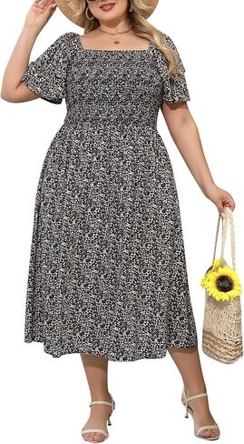 Nemidor Plus Size Summer Print Midi Boho Dress for Curvy Women Casual Long Long Beach Dresses مع جيب 16-26 in Saudi Arabia