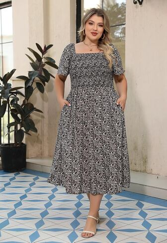 Nemidor Plus Size Summer Print Midi Boho Dress for Curvy Women Casual Long Long Beach Dresses مع جيب 16-26 in Saudi Arabia
