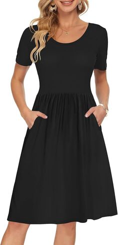 AUSELILY Women's Short Sleeve Empire Waist Dress Pleated Loose Swing Knee Length Dresses with Pockets 2025 New in Saudi Arabia