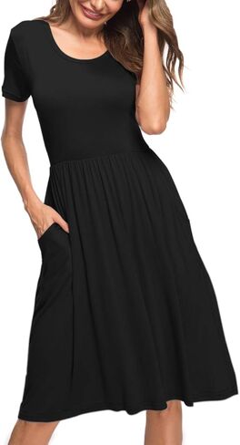 AUSELILY Women's Short Sleeve Empire Waist Dress Pleated Loose Swing Knee Length Dresses with Pockets 2025 New in Saudi Arabia