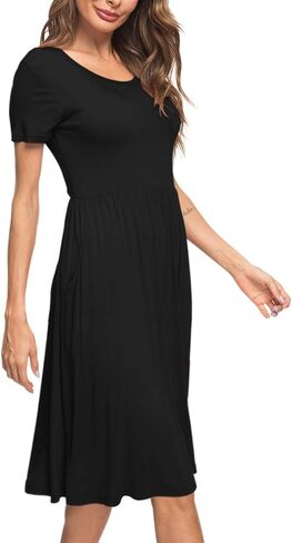 AUSELILY Women's Short Sleeve Empire Waist Dress Pleated Loose Swing Knee Length Dresses with Pockets 2025 New in Saudi Arabia