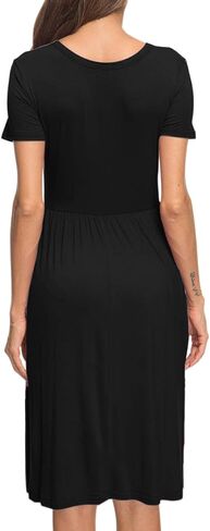 AUSELILY Women's Short Sleeve Empire Waist Dress Pleated Loose Swing Knee Length Dresses with Pockets 2025 New in Saudi Arabia