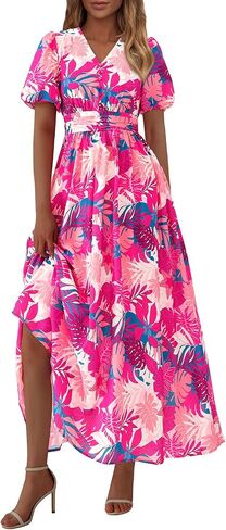 Prettygarden Summer Maxi Dresses for Women 2025 Floral v Neck Puff Sleeve Empire Ampire A Line Long Beach Buho Dress in Saudi Arabia
