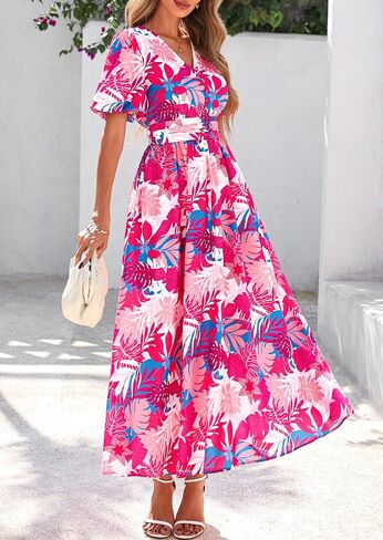 Prettygarden Summer Maxi Dresses for Women 2025 Floral v Neck Puff Sleeve Empire Ampire A Line Long Beach Buho Dress in Saudi Arabia