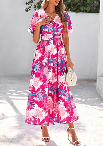 Prettygarden Summer Maxi Dresses for Women 2025 Floral v Neck Puff Sleeve Empire Ampire A Line Long Beach Buho Dress in Saudi Arabia