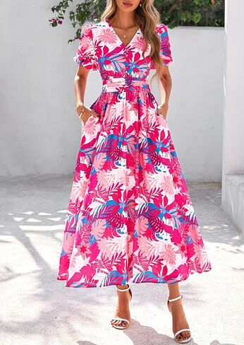 Prettygarden Summer Maxi Dresses for Women 2025 Floral v Neck Puff Sleeve Empire Ampire A Line Long Beach Buho Dress in Saudi Arabia