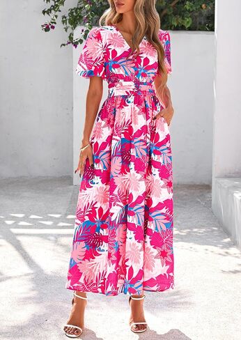 Prettygarden Summer Maxi Dresses for Women 2025 Floral v Neck Puff Sleeve Empire Ampire A Line Long Beach Buho Dress in Saudi Arabia