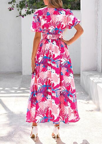 Prettygarden Summer Maxi Dresses for Women 2025 Floral v Neck Puff Sleeve Empire Ampire A Line Long Beach Buho Dress in Saudi Arabia
