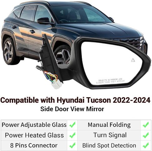 Right Passenger Side Door Mirror Fit for 2022 2023 2024 Hyundai Tucson with Power Glass Heated Turn Signal and Blind Spot Detectiopn 8-Pins Manual Folding Baked Black Rear View Mirror in Saudi Arabia