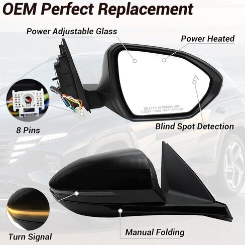 Right Passenger Side Door Mirror Fit for 2022 2023 2024 Hyundai Tucson with Power Glass Heated Turn Signal and Blind Spot Detectiopn 8-Pins Manual Folding Baked Black Rear View Mirror in Saudi Arabia
