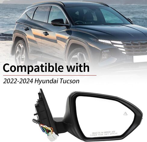 Right Passenger Side Door Mirror Fit for 2022 2023 2024 Hyundai Tucson with Power Glass Heated Turn Signal and Blind Spot Detectiopn 8-Pins Manual Folding Baked Black Rear View Mirror in Saudi Arabia