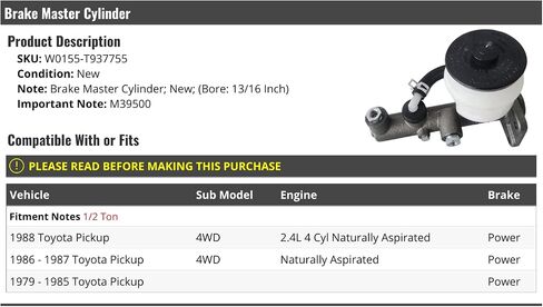 Brake Master Cylinder - Compatible with 1979-1988 Toyota Pickup 4WD 1/2 Ton with Power Brakes in Saudi Arabia