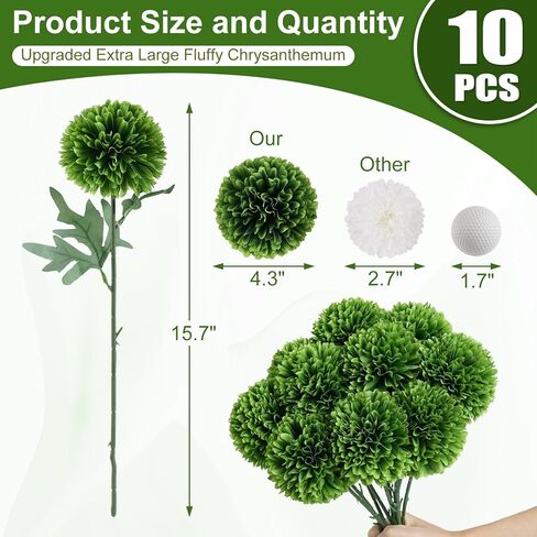 10pcs Artificial Yellow Flowers Faux Flowers Chrysanthemums Ball Silk Larger Fake Mums Flowers with Stems for Mother's Day Easter Wedding Bouquet Home Table Kitchen Decor Indoor (Yellow) in Kuwait