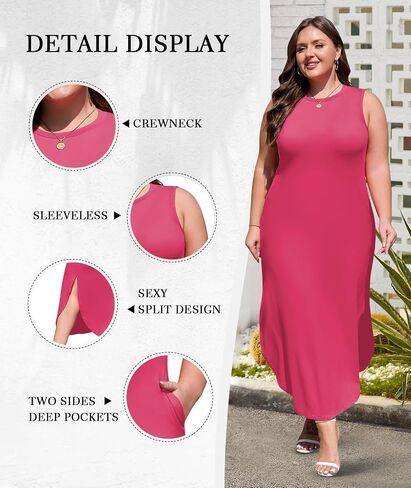 Wolddress Womens 2025 Plus Size Olcyveless Tank Dress Dression Sundress Sundress Drumping Summer Beach Long Maxi مع جيوب in Kuwait