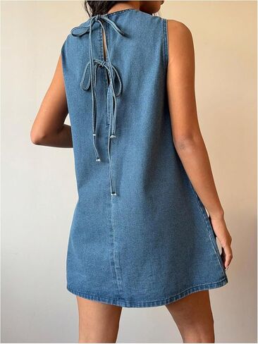 Milumia Women's Bow Tie Back Denim Sundress Crew Neck Sleeveless Flared Short Dresses in Kuwait