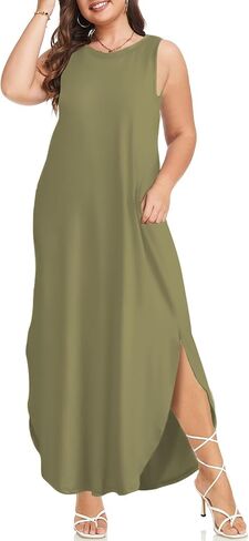 Wolddress Womens 2025 Plus Size Olcyveless Tank Dress Dression Sundress Sundress Drumping Summer Beach Long Maxi مع جيوب in Kuwait