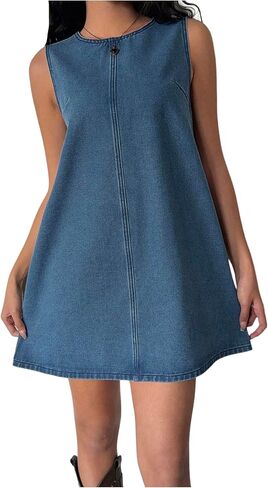 Milumia Women's Bow Tie Back Denim Sundress Crew Neckless Flared Dressed Short Dresses in Saudi Arabia