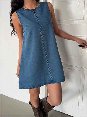 Milumia Women's Bow Tie Back Denim Sundress Crew Neckless Flared Dressed Short Dresses in Saudi Arabia