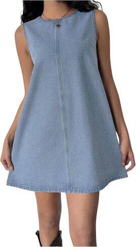 Milumia Women's Bow Tie Back Denim Sundress Crew Neck Sleeveless Flared Short Dresses in Kuwait