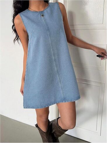 Milumia Women's Bow Tie Back Denim Sundress Crew Neck Sleeveless Flared Short Dresses in Kuwait