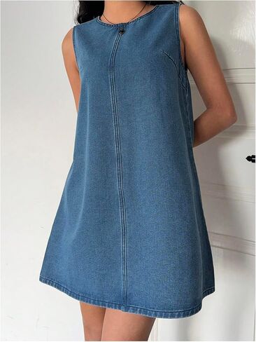 Milumia Women's Bow Tie Back Denim Sundress Crew Neckless Flared Dressed Short Dresses in Saudi Arabia