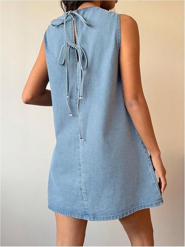 Milumia Women's Bow Tie Back Denim Sundress Crew Neck Sleeveless Flared Short Dresses in Kuwait