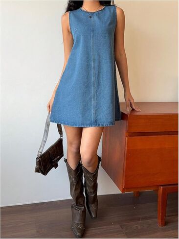 Milumia Women's Bow Tie Back Denim Sundress Crew Neckless Flared Dressed Short Dresses in Saudi Arabia