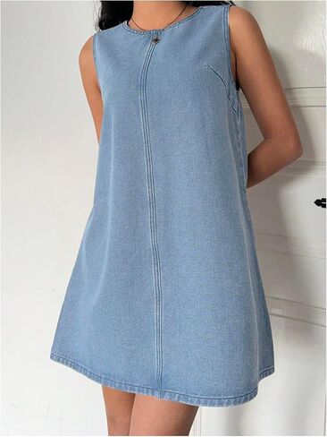 Milumia Women's Bow Tie Back Denim Sundress Crew Neck Sleeveless Flared Short Dresses in Kuwait