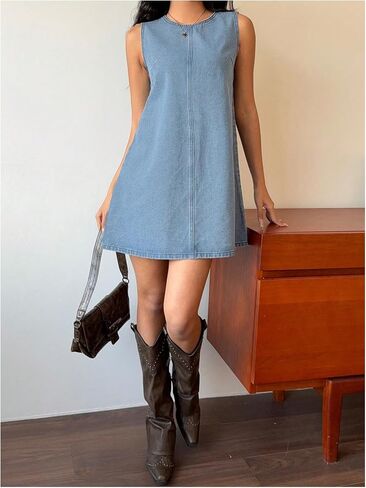 Milumia Women's Bow Tie Back Denim Sundress Crew Neck Sleeveless Flared Short Dresses in Kuwait