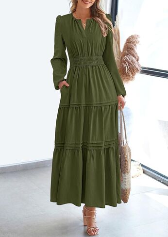 PRETTYGARDEN Women's 2025 Elegant Maxi Dresses Long Sleeve V Neck Flowy Pockets Casual Modest Dress Fall Fashion Clothes in Saudi Arabia