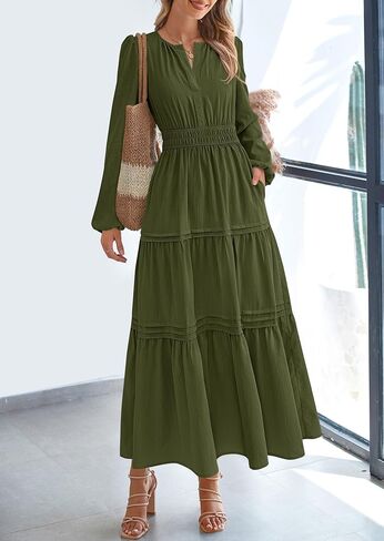 PRETTYGARDEN Women's 2025 Elegant Maxi Dresses Long Sleeve V Neck Flowy Pockets Casual Modest Dress Fall Fashion Clothes in Saudi Arabia
