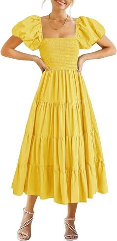 Gothden Women Casual Summer Dress Puffy Short Sleeve Square Neck Smocked Tiered Ruffle Dresses in Kuwait