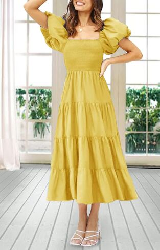 Gothden Women Casual Summer Dress Puffy Short Sleeve Square Neck Smocked Tiered Ruffle Dresses in Kuwait