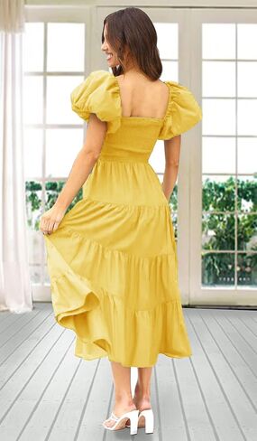 Gothden Women Casual Summer Dress Puffy Short Sleeve Square Neck Smocked Tiered Ruffle Dresses in Kuwait